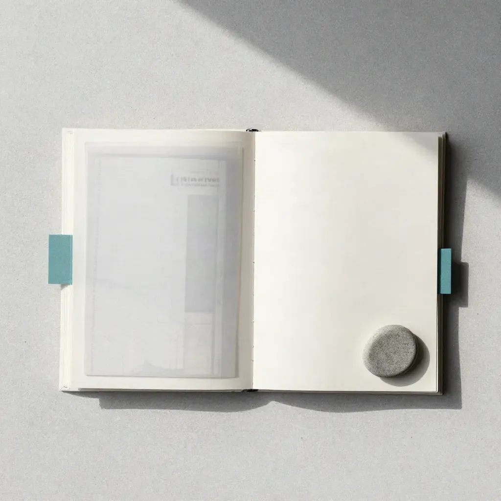 Overhead audit folio, map packet and stone paperweight on pale concrete with teal accents.