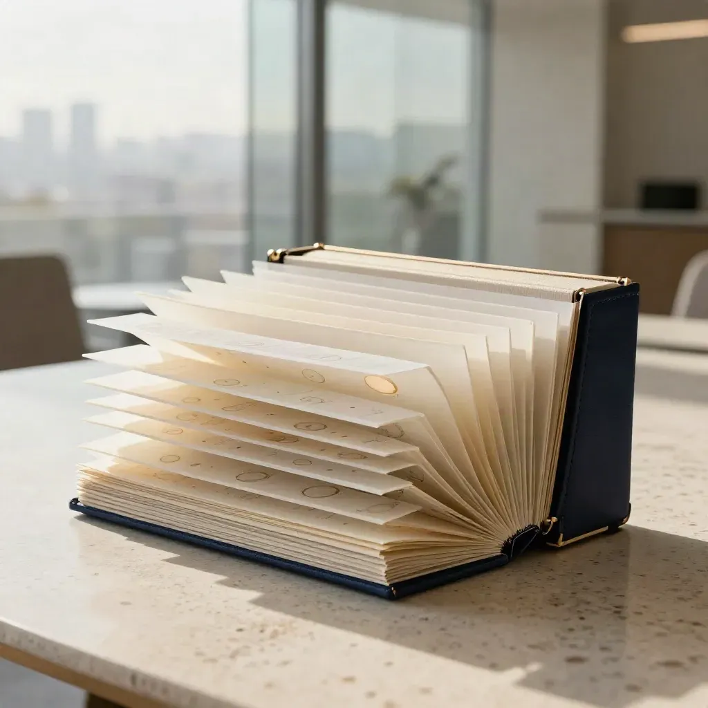 Cream stakeholder map bundle on travertine, angled from above with soft bokeh and navy accent