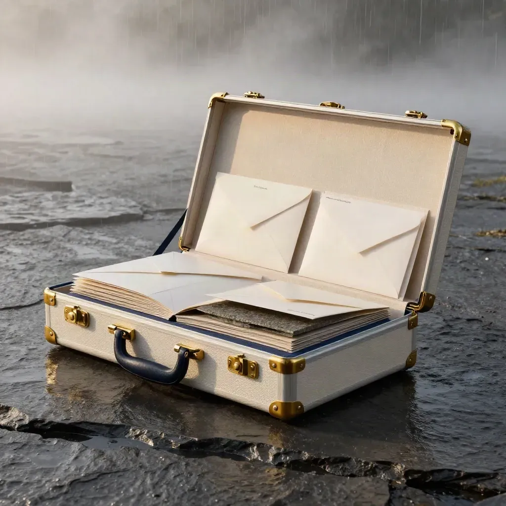 Cream market-entry case on wet slate at dawn, with brass details, atlas panels, folders, and mist.