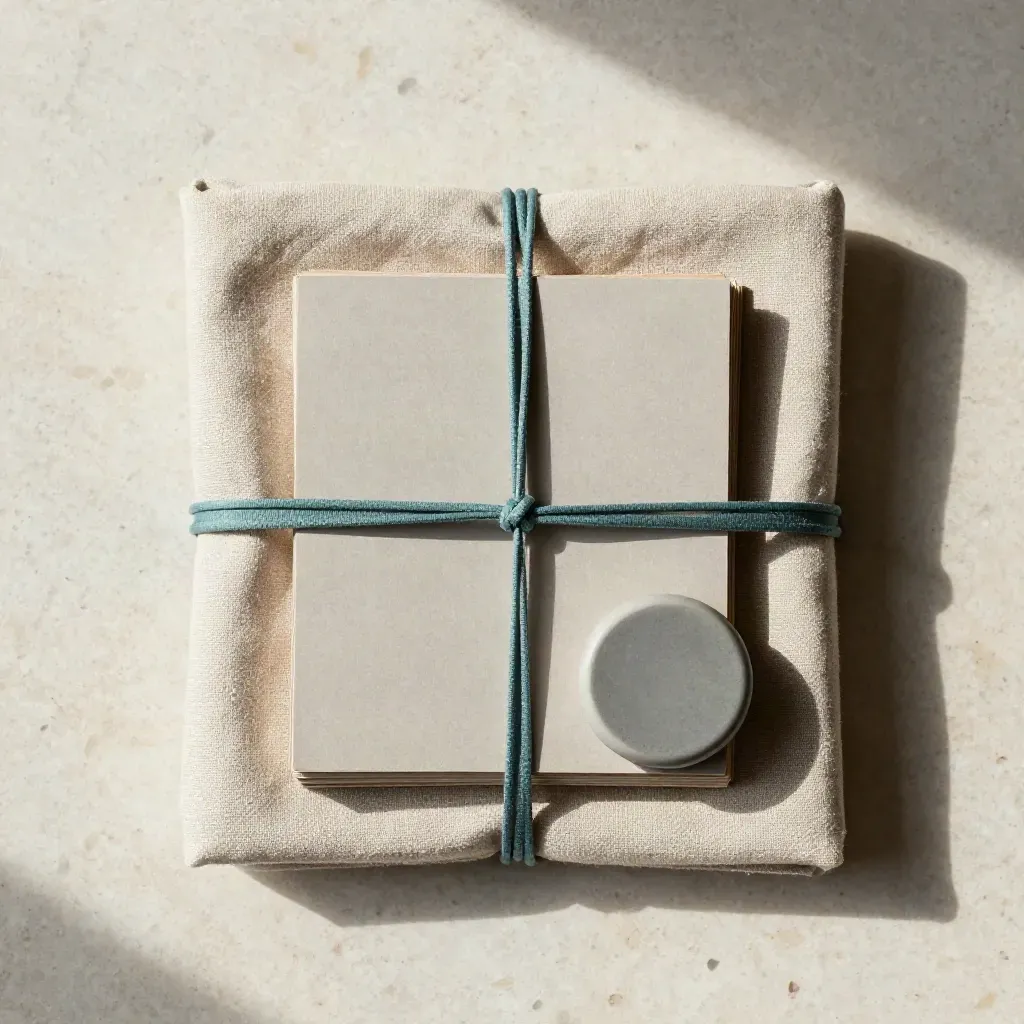 Overhead linen workshop bundle with folders, tactile cards and ceramic stone on pale travertine.