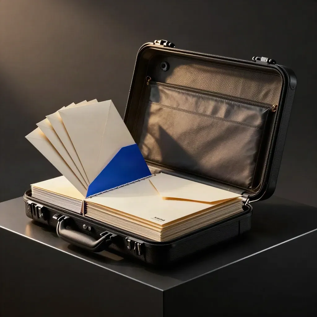 Modular scouting case, matte binder and clipped cards on a dark plinth with cobalt accents.