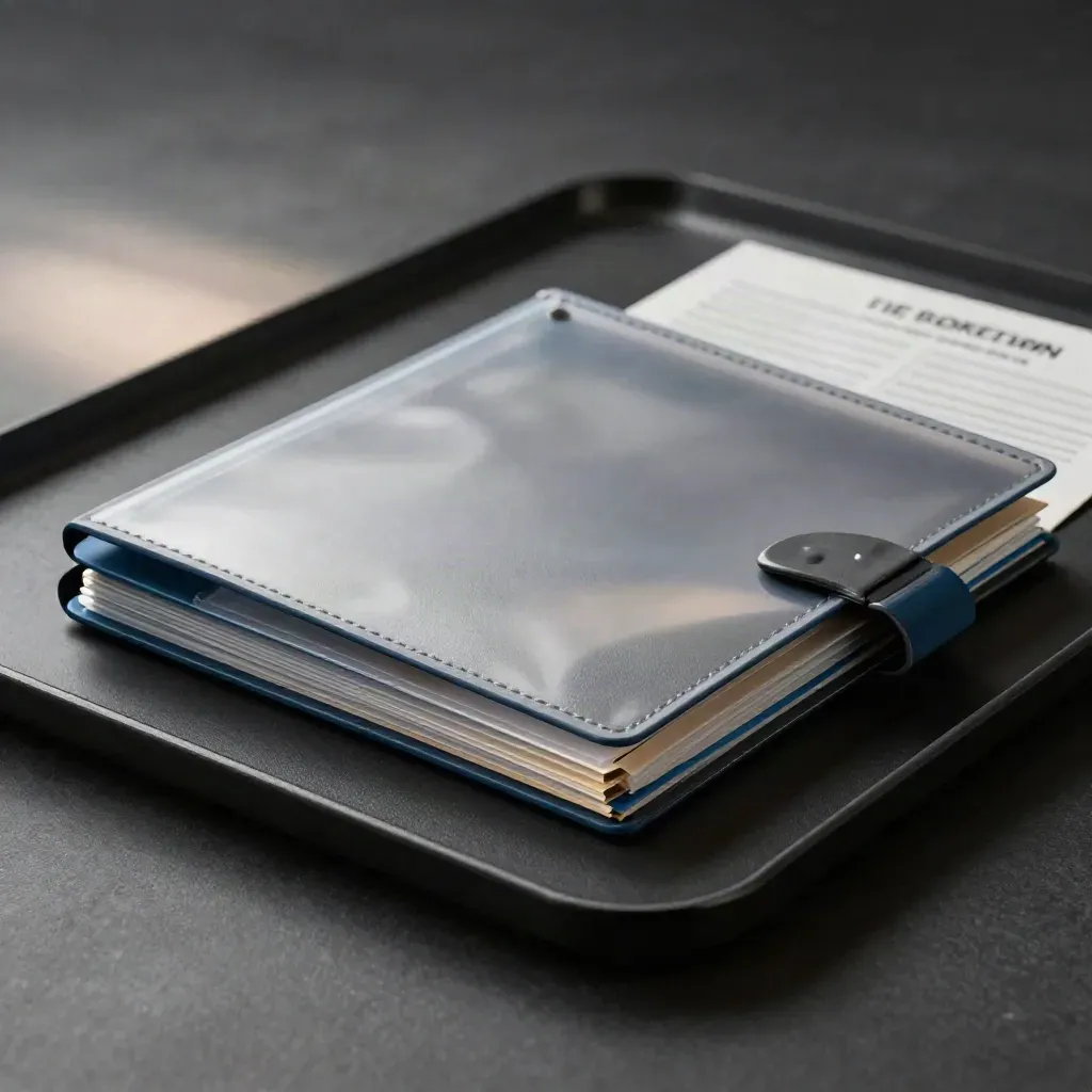 Unbranded export readiness kit with tabs, sleeves and reflective insert on a matte-black tray.