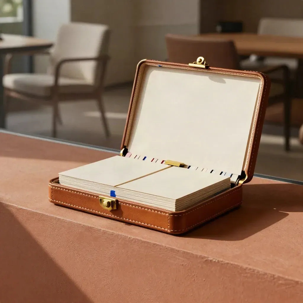 Compact sourcing atlas case half-open with lead cards, dividers and brass clip on terracotta stone.