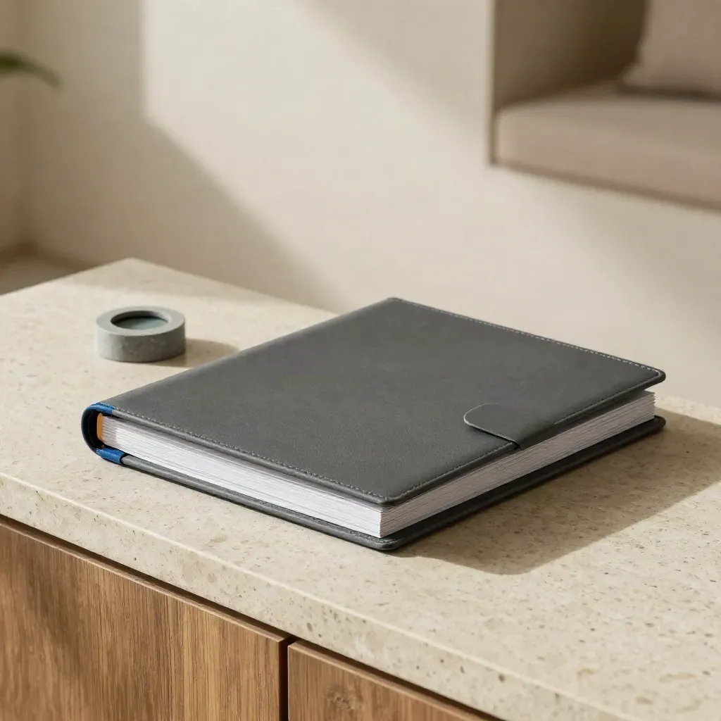 Luxury support binder, monthly packet stack, and stone paperweight in soft window light.