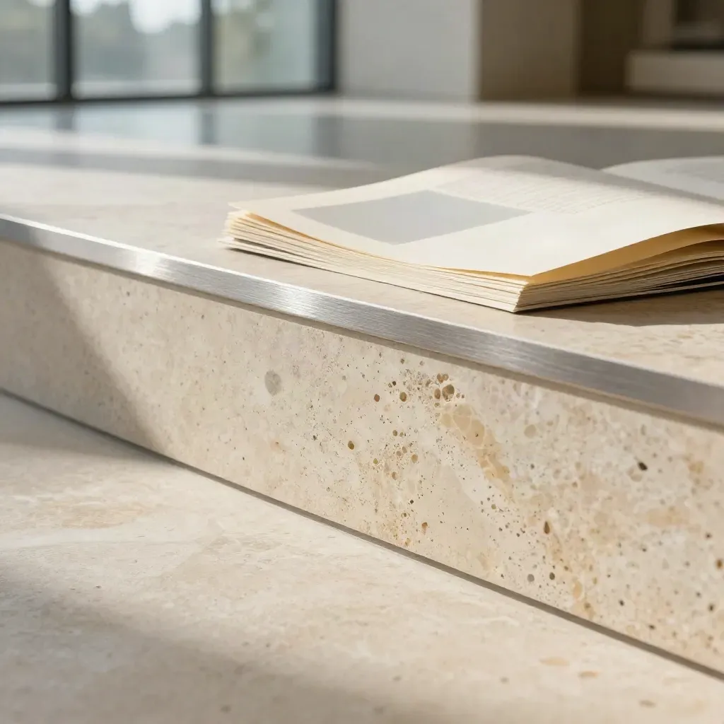 Sunlit travertine ledge in a glass atrium with silver reflections and city blur.