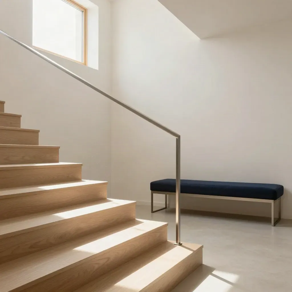 Sunlit oak stair landing with white plaster walls, clerestory light, and calm copy space.